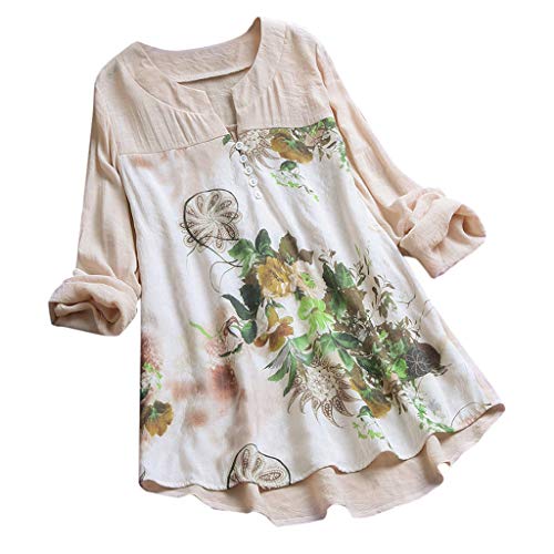 Camisetas Mujer Manga Larga SHOBDW 2019 Nuevo Cuello en V Tops de Túnica Blusas Suelto Estampado Floral Pullover Sexy Casual Verano Camisetas Mujer Tallas Grandes M-5XL(Beige,4XL)