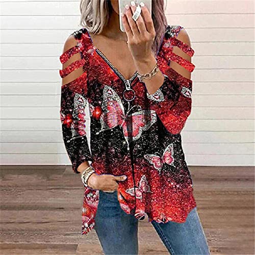 Camisetas para Mujer Holgado de Talla Grande Manga Larga con Cuello en V Sueltas de Verano Básicas de Túnica con Cremallera, Moda Estampado Retro Superior Blusa Hombros Descubiertos(F Rojo,XXL)