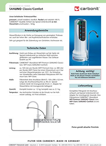 Carbonit Filtro de agua SanUno Classic - Aparato para colocar sobre la mesa, con filtro de carbón activo NFP premium con certificado TÜV - Sistema de filtro de agua potable preparado para ser conectado - De calidad, fabricado en Alemania