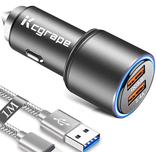 Cargador Coche USB Rapido para Movil iPhone 12 11 Pro MAX/XS X XR/XS MAX/7 8 7 Plus/8+/6 6S 6S Plus/SE 2020/12 Mini,Qualcomm Quick Charge 3.0+2.4A 30W Carga Rapida Doble Puertos con 1M Cable