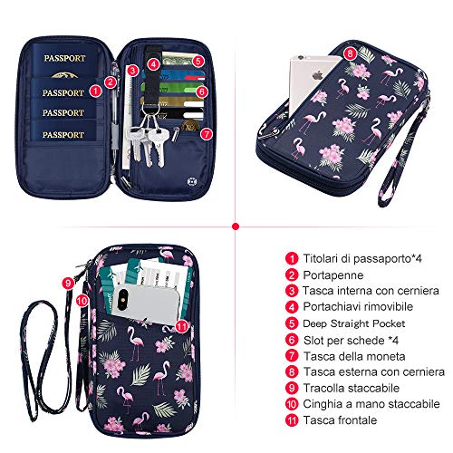 Cartera de viaje porta pasaportes Familiar Porta Documentos Bloqueo RFID & Organizador para 5 pasaportes, tarjetas de crédito, tarjetas de aviones, dinero, Flamenco, L,