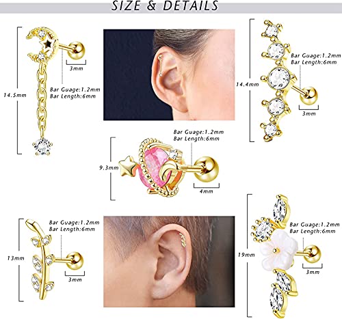 CASSIECA 9 Piezas 16G Pendientes de Cartílago de Oreja de Acero Inoxidable para Mujeres Niñas Pendientes CZ Tragus Helix Piercing Joyería