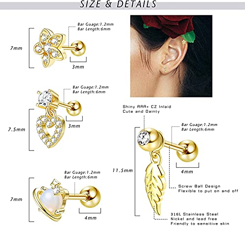 CASSIECA 9 Piezas 16G Pendientes de Cartílago de Oreja de Acero Inoxidable para Mujeres Niñas Pendientes CZ Tragus Helix Piercing Joyería