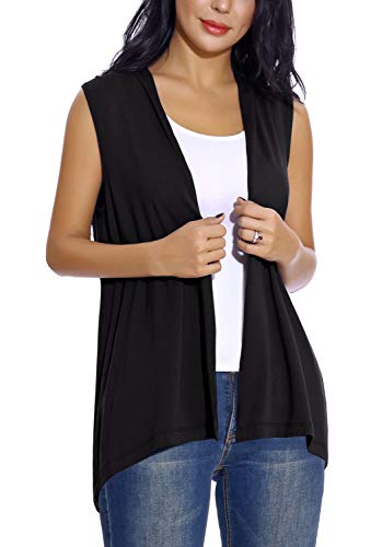 Chaleco sin Mangas Cardigan para Mujer Abrigo Ligero y Fresco (L, Negro)