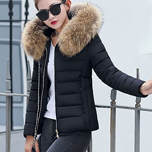 Chaqueta de Algodón Cálida Hood Jacket para Mujer, Cuello de Piel Grande, Abrigo Grueso de Corte Ajustado Talla Grande Parkas Acolchadas de Algodón Baratos Invierno Rompevientos(Negro,4XL)