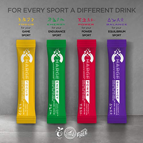 Charge Sports Drinks Focus - Sales Minerales para Deporte de Recreo - 7 Sobres - Bebida Deportiva en Polvo con Electrolitos, Vitamina B y C - Sabor Frutos del Bosque y Té Verde - Sin Gluten