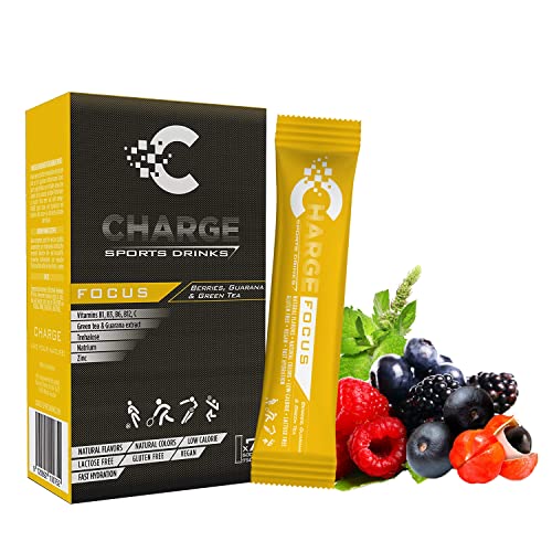 Charge Sports Drinks Focus - Sales Minerales para Deporte de Recreo - 7 Sobres - Bebida Deportiva en Polvo con Electrolitos, Vitamina B y C - Sabor Frutos del Bosque y Té Verde - Sin Gluten