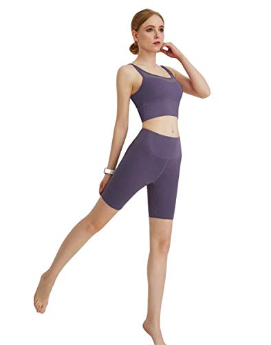 CK CrisKat Mujer Conjunto de Ropa Deportiva Secado Rápido Top y Pantalones Cortos Set 2 Piezas Ropa de Fitness para Gimnasio Yoga de Entrenamiento (S, Morado)