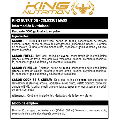 COLOSSUS MASS 3kg Cookies and Cream King Nutrition proteina carbohidratos creatina gainer subidor de masa peso y fuerza