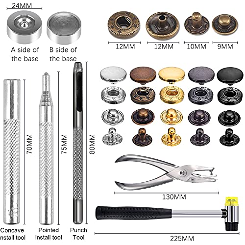 Corchetes de Presión Metálicos, 156 Pcs Botones de Presión, Remaches de Cuero, Remache de Doble Tapa, 6 Colores Kit de Herramienta de Botón Snap Metal Artesanía para Ropa/Cuero/Vaquero/Bolsos