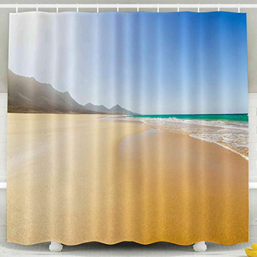 Cortina de ducha para niños, juego de cortinas de ducha con ganchos, islas de la playa España increíbles colinas del horizonte en el fondo Océano Atlántico Fuerteventura Canarias Volcánica Decoración