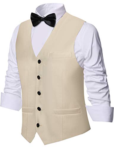 Coucoland Chaleco de traje para hombre, cuello en V, sin mangas, con 5 botones, corte ajustado, para esmoquin, para bodas de negocios, beige, M