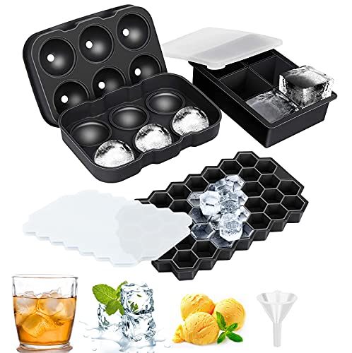 Cubitos de Hielo Silicona con Tapa Bandejas para Hielo Silicona,3 Tipos Molde de Silicona para Cubitos de Hielo en Calidad alimentaria,Ideal para Whisky, Cócteles,cuadrado,redondo,tipo panal