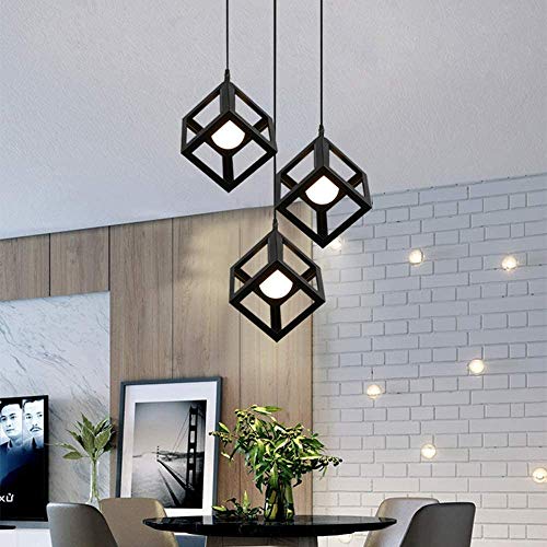 Cubo Lámpara Colgante de Techo Vintage, Iluminación de Techo Industrial, Colgante de luz de techo moderna, Creativa Luz Colgante Negro Metal para Loft/Cocina/Comedor/Dormitorio, E27 AC 220–240V