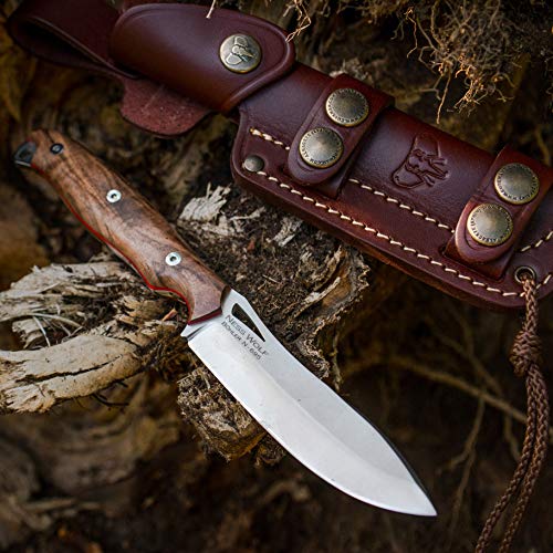 Cudeman Cuchillo 208-G Ness Wolf Hoja de Acero Böhler N695 de 10,3 cm, empuñadura de Nogal de 11,7 cm para Caza, Pesca, Supervivencia y bushcraft + Portabotellas Regalo