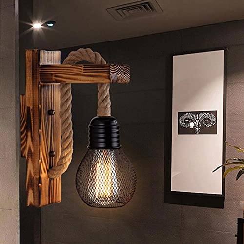 Cuerda de cáñamo LED aplique de pared industrial / lámpara de madera, polea elevable, lámpara de lámpara vintage, lámpara decorativa antigua, aplique de pared para iluminación interior de habitación