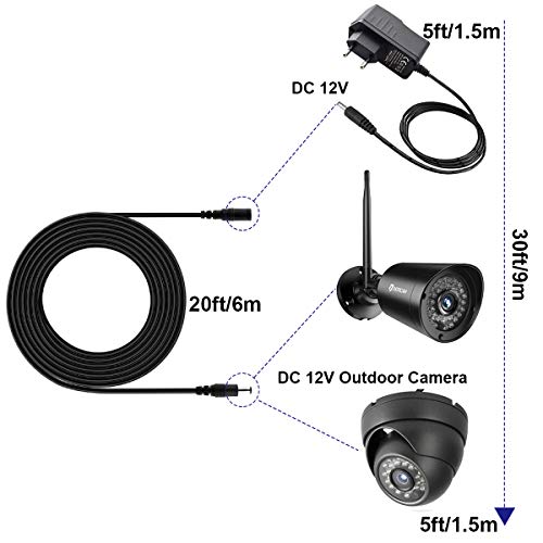 Dericam Cable de extensión de cargador de pared para adaptador de corriente de 6 metros, cable de extensión de CC de 12 voltios, tamaño de conector de 5.5x2.1 mm, 12V-6M, Negro