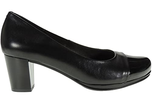 DESIREEE 1247: Zapato Salón Piel para Mujer. Tacón Ancho de 6 Cm y Punta Charol. Piso Goma. Negro Talla 41