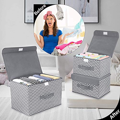 DIMJ Cajas almacenaje , Paquete de 3 Cajas Organizadoras de Tela , Grandes Cubos de Almacenamiento para Juguetes, Libros, Armario, Dormitorio, Hogar (Patrón gris claro)