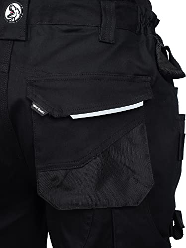 DINOZAVR Flex Pantalones de Trabajo elásticos Estilo Cargo para Hombre - Resistentes, con Bolsillos multifuncionales para Rodilleras y Franjas Reflectantes - Negro - EU50