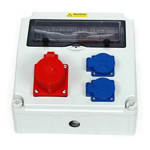 Distribuidor de pared, CEE 16 A, azul 230 V + 2 rojos, enchufe CEE 400 V, interruptor de protección FI, distribuidor de corriente, impermeable, distribuidor de corriente para obras de construcción