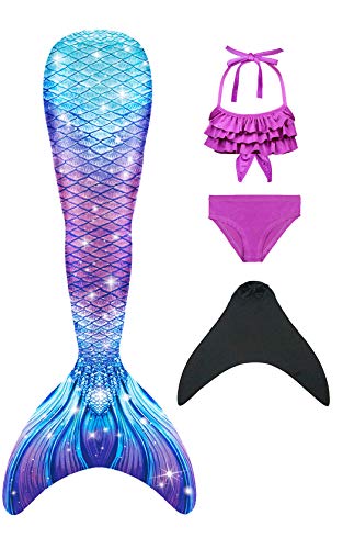 DNFUN Traje de baño de Cola de Sirena para niñas con Aleta de Sirena para Nadar,Bdg5+wjf74+Aleta Negra,140