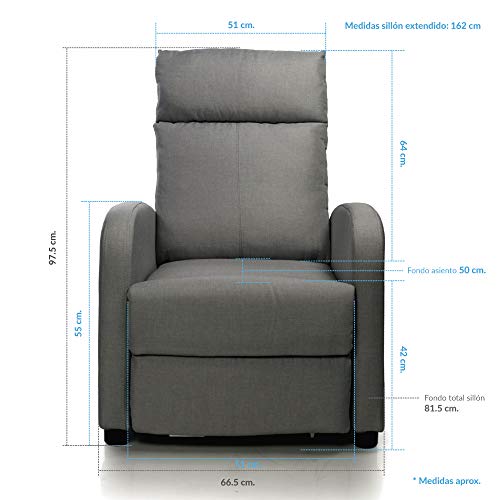 Don Descanso - Sillón Reclinable Tela Verona Gris, Sillón Relax con Reposapiés, Sistema de Apertura Push, Compacto, 2 Posiciones de Tumbada y Posición Cero, Butaca Salón Reclinable hasta 160º