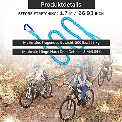 DONGNOD Cuerda de remolque para bicicleta, 3 m, para niños y padres, cuerda elástica con gancho de seguridad, hasta 500 lb/225 kg, apta para niños o adultos, bicicleta de montaña, color azul