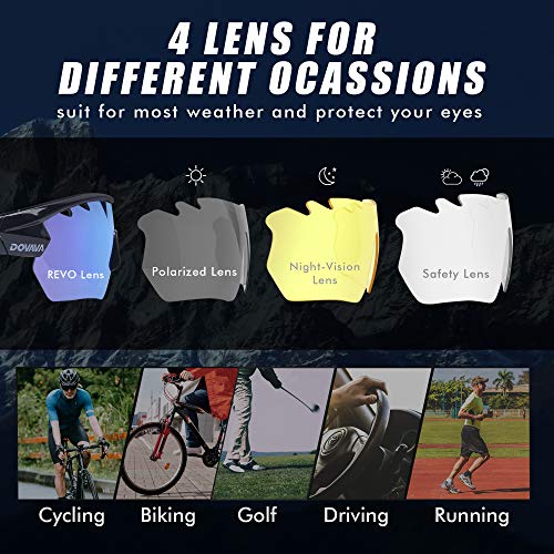 DOVAVA Gafas Ciclismo Hombre Mujer con 4 Lentes Intercambiables , Gafas de Sol Polarizadas Protección UV 400 para Deportivas Running Bicicleta MTB Golf Surf (850-Negro/Azul)