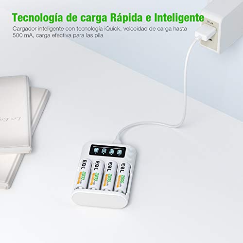 EBL LCD Cargador Pilas con 8 * 2800mAh Pilas Recargables AA Ni-MH, Pack de Pilas Alta Capacidad, Puerto Micro USB/Tipo & Carga Rápida