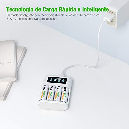 EBL LCD Cargador Pilas con 8 * 2800mAh Pilas Recargables AA Ni-MH, Pack de Pilas Alta Capacidad, Puerto Micro USB/Tipo & Carga Rápida