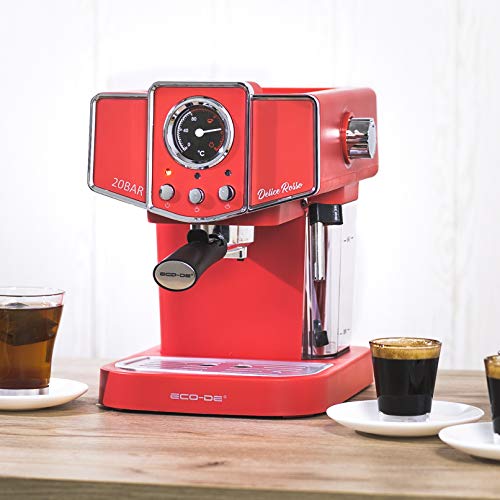 ECODE Cafetera Espresso Delice Rosso, 20 Bares de Presión, Vaporizador Orientable, Depósito de 1.5 litros, Mono/Doble dosis, Manómetro con Temperatura ECO-419 DR