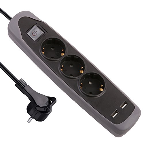 Electraline Gummy 62150 Regleta Base 3 Enchufes y 2 USB 2.1A-Cover de Silicona-Cable 2 m Clavija Plana, Gris