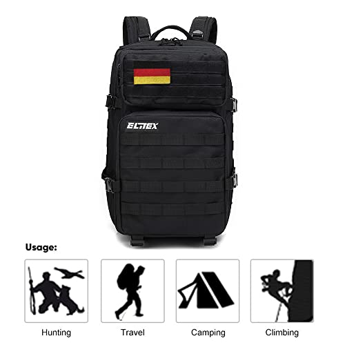 ELITEX Mochila 45L Táctica Militar Bandera Alemania Impermeable Deportiva Caza Aire Libre Deportes Gimnasio Portatil Oxford 900D (Negro)