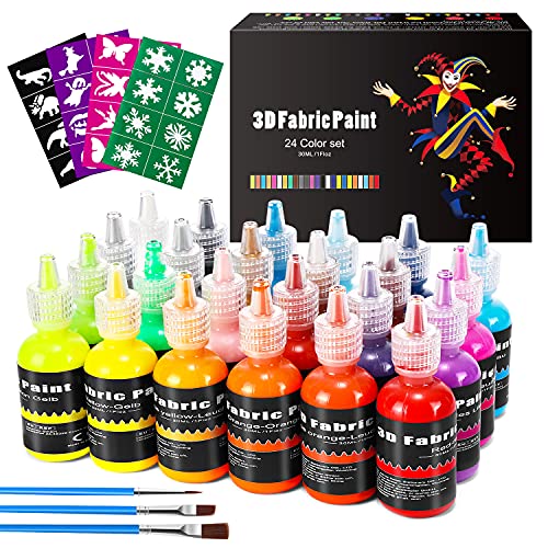 Emooqi Pintura Textil Permanente 3D, Set 24 Colores Vívidos x 30ml, Pintura Tela para Niños y Adultos, Pintura en 3D para Pintar Ropa Tejido Camisetas Madera Vaso