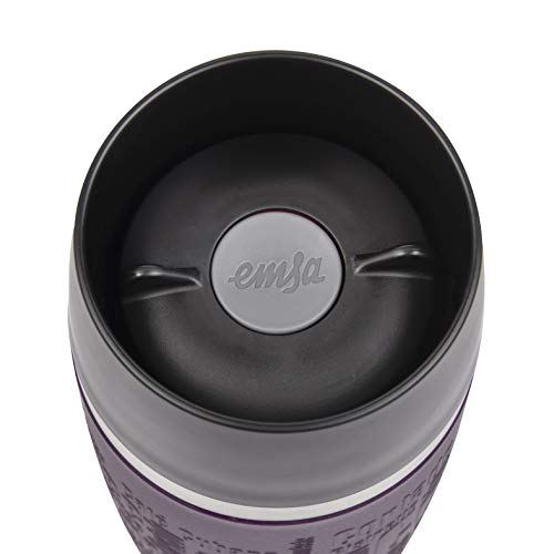 Emsa Travel Mug - Taza térmica de 0.36 l, mantiene calor 4 h y frío 8 h, acero inoxidable con base antideslizante y zona de agarre de silicona con letras grabadas, color lila