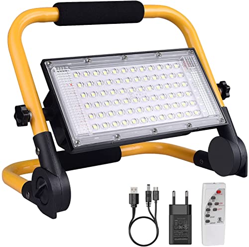 ERAY Foco LED Recargable, Foco Trabajo LED Batería 13500mAh/ 8000 Lúmenes/Panel Solar/ 4 Modos de Iluminación/con Mando a Distancia, Ideal para Camping, Trabajo, Pesca, Color Negro y Amarillo