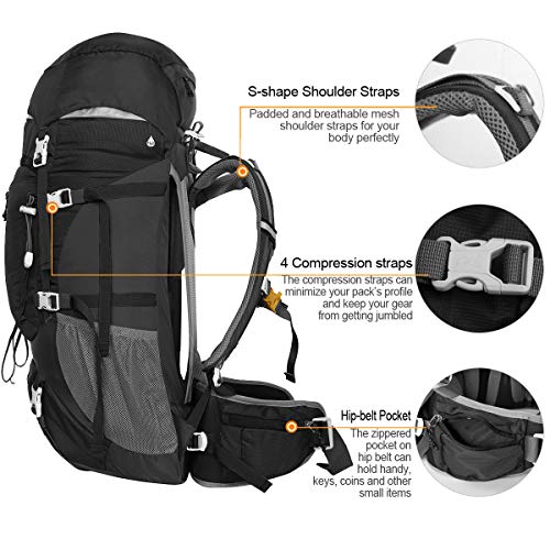 Eshow 50L Mochilas de Montaña Acampada al Aire Libre Impermeable Macutos de Viaje Senderismo Trekking con Cubierta de Lluvia (Negro)