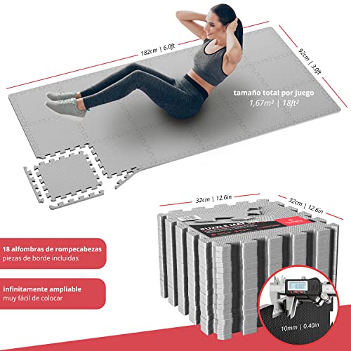 Esterilla Puzzle para Suelos de Gimnasio y Fitness | Set de Protección de Goma Espuma, Alfombrilla Protectora Expandible de 18 Losas + Bordes | Colchonetas para Máquinas de Deporte, Fácil de Limpia