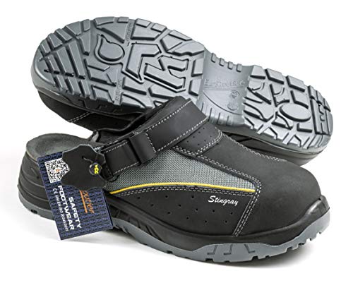 EuroRoutier Stingray Black Leather, Zuecos Zapatos de Seguridad Certificado CE EN ISO SB+A+E+FO+SRC (44)