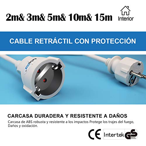 EXTRASTAR Cable Extensible con PROTECCIÓN, Cable Extensible electrico 2,3,4,5,10,15 Metros Blanco/ Negro (3M Blanco, 16A)