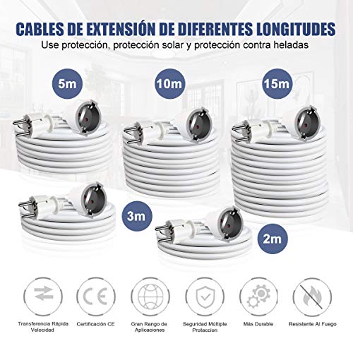 EXTRASTAR Cable Extensible con PROTECCIÓN, Cable Extensible electrico 2,3,4,5,10,15 Metros Blanco/ Negro (3M Blanco, 16A)