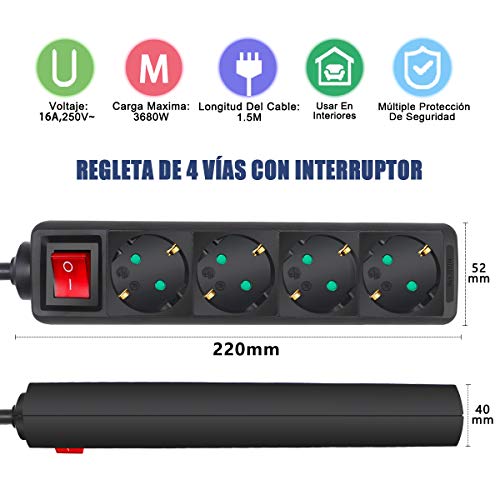 EXTRASTAR Regleta alargador de 1.5 metros con 4 enchufes e interruptor (Negro)