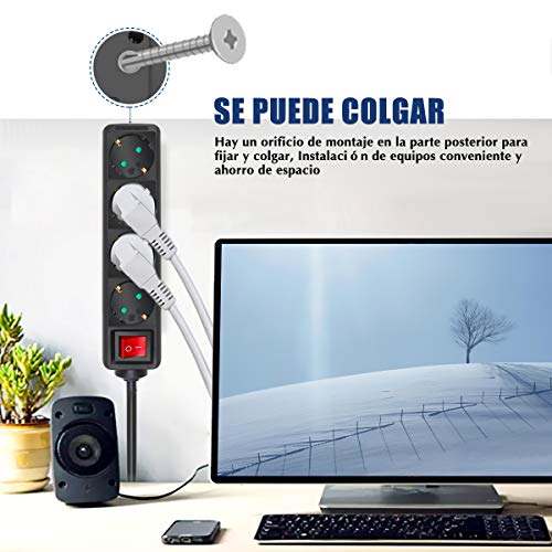 EXTRASTAR Regleta alargador de 1.5 metros con 4 enchufes e interruptor (Negro)