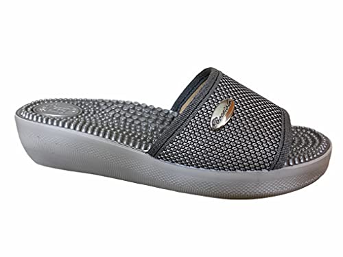 FACHIRO - Chanclas de mujer abiertas con banda de tejido técnico, forro de piel y plantilla masajeadora anatómica, tacón de 4,5 cm, fabricado en Italia, artículo 29 Gris Size: 39 EU