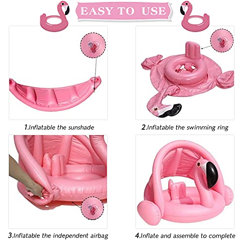 Faffooz Flamenco Flotador de Natación para Bebés, Flamenco Seguridad bebé niños Hinchable natación Agua Flotador Anillo de natación con toldo Ajustable Parasol uguetes Flotantes(Rosa)