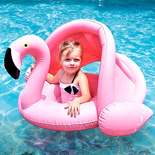 Faffooz Flamenco Flotador de Natación para Bebés, Flamenco Seguridad bebé niños Hinchable natación Agua Flotador Anillo de natación con toldo Ajustable Parasol uguetes Flotantes(Rosa)