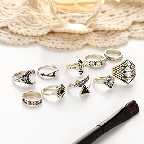 FENICAL Anillos de Dedo étnicos Conjunto exagerado combinación de Piedras Preciosas Anillos Traje de la joyería para Mujeres niñas Paquete 10 unids (Plata)