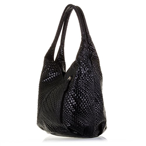 Firenze ARTEGIANI.Bolso Shopping Bag de Mujer Piel auténtica.Bolso Cuero Genuino Grabado con Motivo Trenzado geométrico y Lacado. Made IN Italy. Vera Pelle Italiana. 33x33x18 cm. Color: Negro