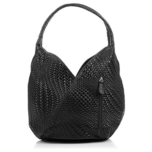 Firenze ARTEGIANI.Bolso Shopping Bag de Mujer Piel auténtica.Bolso Cuero Genuino Grabado con Motivo Trenzado geométrico y Lacado. Made IN Italy. Vera Pelle Italiana. 33x33x18 cm. Color: Negro